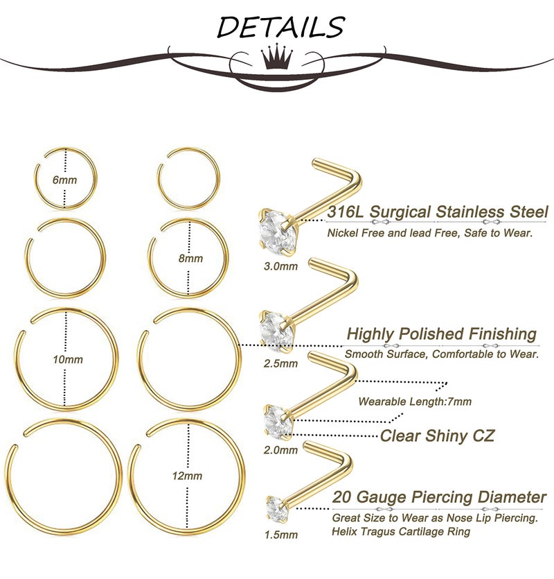 Masedy Nose Rings 12Pcs 20G 316L Stainless Steel L Shaped Nose Studs Cartilage Tragus Septum Piercing Gold - Image 3